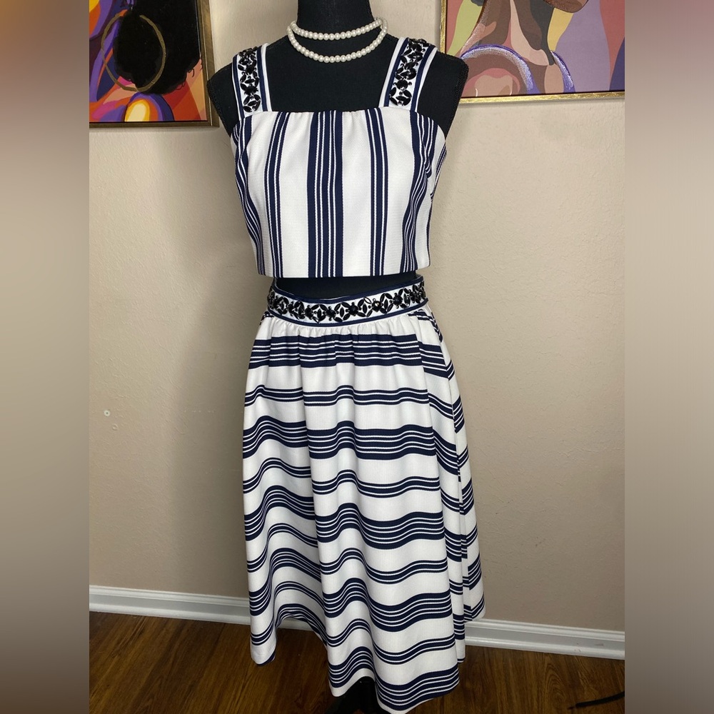 Endless Rose Navy and White Striped Two Piece Skirt Set Size Medium